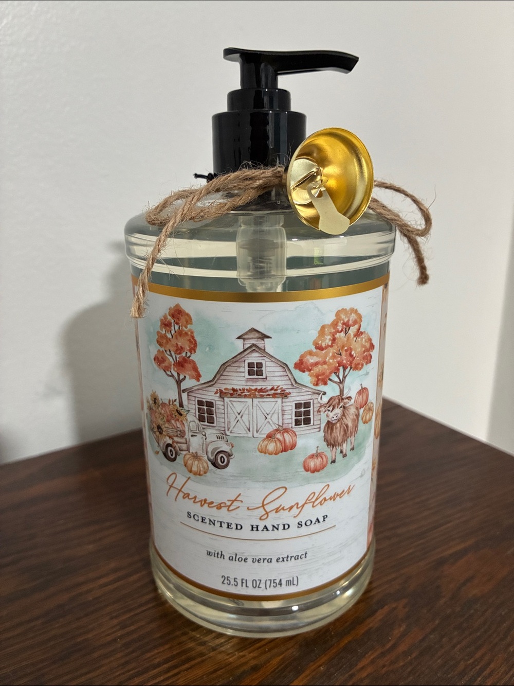 NWT- Harvest Sunflower Scented Hand Soap w/ Farmtruck, Highland Cow & Metal bell